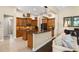Modern kitchen with wooden cabinets, a dark appliance set, granite countertops, and tile flooring adjacent to the living room at 14817 Tudor Chase Dr, Tampa, FL 33626