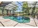 Sparkling pool with screened enclosure, surrounded by trees and water views at 15810 Stanton Ln, Tampa, FL 33647