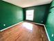 A green-painted bedroom with a window that provides natural light and sleek hardwood floors at 5454 Saddlebrook Way # 2, Wesley Chapel, FL 33543