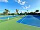 Outdoor tennis courts with blue and green surfaces, surrounded by fencing and lush tropical foliage at 5454 Saddlebrook Way # 2, Wesley Chapel, FL 33543