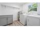Functional laundry room with modern appliances, storage cabinets and a window for natural light at 7249 Berry Rd, Zephyrhills, FL 33540