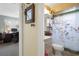 The bathroom features a vanity and a shower decorated with a bird-themed curtain at 9414 Northcliffe Blvd, Spring Hill, FL 34606
