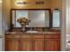 Bathroom vanity featuring granite countertops, storage cabinets, decorative mirror and neutral colors at 600 Garrison Cove Ln # 2B, Tampa, FL 33602
