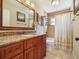 This bathroom has a decorative mirror, shower curtain and granite counters at 8305 Palma Vista Ln, Tampa, FL 33614