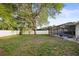 Spacious backyard featuring a large tree, green grass, vinyl fence, and a screened-in pool at 10812 96Th St, Largo, FL 33773