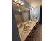 Bathroom featuring a double vanity, large mirror and shower-tub combination in blue tones at 10825 Venice Cir, Tampa, FL 33635