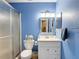 Bright bathroom with a glass-enclosed shower, white vanity, and modern lighting in a refreshing blue palette at 2011 Halidom Way # 0, Sun City Center, FL 33573