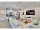 Open-concept living room with a kitchen, white sofas, a ceiling fan, and a large screen TV at 2117 Lake Waters Pl, Lutz, FL 33558