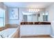 Well-lit bathroom featuring a soaking tub, double vanity, and stylish vanity lighting at 2515 Cross More St, Valrico, FL 33594