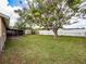 Spacious backyard with a large tree, shed, and chain-link fence, perfect for outdoor enjoyment at 428 Flamingo Dr, Apollo Beach, FL 33572