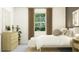 Well-lit bedroom featuring a large window, wood dresser, and a comfortable bed with decorative pillows and a horse portrait at 9816 Minnow Ray Dr, Land O Lakes, FL 34638