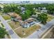 Aerial view of a home with solar panels, a fenced yard, and lush greenery with a city skyline at 1724 W Saint Conrad St, Tampa, FL 33607