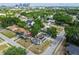 Drone view of a property with vibrant trees, a fenced yard, and the city skyline in the background at 1724 W Saint Conrad St, Tampa, FL 33607