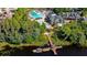 Aerial view of community featuring a pool, clubhouse, pier, and lake amidst lush landscaping and walking paths at 21840 Waverly Shores Ln, Land O Lakes, FL 34637
