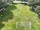 Aerial view of a community soccer field featuring goalposts and a well-maintained grass surface, with trees around at 21840 Waverly Shores Ln, Land O Lakes, FL 34637