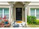 Inviting front entrance featuring a dark door with gold accents and vibrant, colorful potted plants at 2897 Thaxton Dr # 62, Palm Harbor, FL 34684