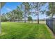 Large grassy backyard bordered by a black fence and mature trees, offering privacy at 6611 Current Dr, Apollo Beach, FL 33572