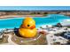 Wonderful aerial view of a giant rubber duck near the turquoise blue lagoon and sandy beach at 11014 Rustic Timber Loop, San Antonio, FL 33576