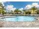 Large community swimming pool surrounded by brick pavers, palm trees, and lounge chairs at 20224 Pond Apple Ln, Tampa, FL 33647