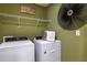 Functional laundry room with modern appliances, overhead shelving, and stylish decor at 37213 Sagemoor Dr, Zephyrhills, FL 33541