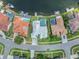 Aerial view of the property showing the pool, backyard, neighboring homes, and waterfront access at 5104 E Longboat Blvd, Tampa, FL 33615