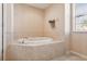 Tiled bathroom features a corner garden tub at 1430 Beaconsfield Dr, Wesley Chapel, FL 33543