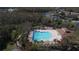 Aerial view of the community pool and recreation area surrounded by mature trees and lush landscaping at 1430 Beaconsfield Dr, Wesley Chapel, FL 33543