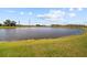 Lush green backyard with scenic views of the serene pond and clear blue skies at 1547 Golden Glow Dr, Ruskin, FL 33570