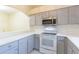 Modern kitchen features light countertops, stainless steel microwave, and lots of cabinet space at 18236 Paradise Point Dr, Tampa, FL 33647