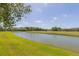 Picturesque pond view surrounded by lush green grass and mature trees at 18236 Paradise Point Dr, Tampa, FL 33647