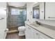 Beautiful bathroom with a gray vanity, glass enclosed shower, and decorative tiled accent wall at 1847 Shore S Dr # 507, South Pasadena, FL 33707