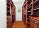 Walk-in closet with hardwood floors, built-in shelving and drawers on both sides, and a window at 20403 Walnut Grove Ln, Tampa, FL 33647