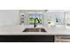 Bright kitchen features stainless steel sink, black faucet, and views of lush greenery through large glass doors at 5979 Hidden Branch Dr, Apollo Beach, FL 33572