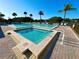 Community pool and spa area surrounded by palm trees with plenty of space for residents to lounge and soak up the sun at 1423 Pine Glen Ln # D2, Tarpon Springs, FL 34688