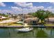 Aerial view capturing the home's backyard pool and waterfront canal with a docked sailboat at 2063 Illinois Ne Ave, St Petersburg, FL 33703