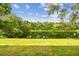 This serene view showcases the pond surrounded by lush greenery and clear blue skies at 5619 Tranquil Pond Pl, Riverview, FL 33578
