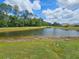 Backyard view of a lush pond surrounded by trees and vibrant green grass at 6248 Tabogi Trl, Wesley Chapel, FL 33545