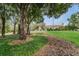 View of the clubhouse through the lush landscaping, with trees flanking the walkway and building at 9481 Highland Oak Dr # 1616, Tampa, FL 33647