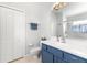 Bathroom featuring a blue vanity, modern fixtures, and a step-in shower at 23734 Coral Ridge Ln, Land O Lakes, FL 34639