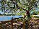 Scenic lake view featuring a charming wooden fence and mature tree providing a picturesque backdrop for relaxation at 3000 Tangerine Ter, Palm Harbor, FL 34684
