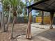 Outdoor entertaining area with a patio, pergola, palm trees, and tropical landscaping at 126 119Th Ave, Treasure Island, FL 33706