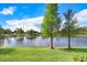 Scenic pond view with lush green grass and trees, creating a tranquil outdoor setting at 18737 Noble Caspian Dr, Lutz, FL 33558