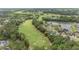 This aerial view shows houses backing onto a golf course and a lake at 19529 Lily Pond Ct, Brooksville, FL 34601