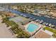This aerial shot showcases community amenities, featuring a pool, tennis courts, and boat docks along the canal at 4210 Headsail Dr, New Port Richey, FL 34652