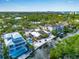 Expansive aerial view of a waterfront property with a private pool, dock, and access to a scenic canal at 5430 Avenida Del Mare, Sarasota, FL 34242