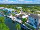 Beautiful aerial view showcasing waterfront homes along a canal with boat docks and lush tropical landscaping at 5430 Avenida Del Mare, Sarasota, FL 34242