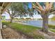 Waterfront backyard with grass, mature trees, and dock access for boating and relaxation at 6497 Cape Hatteras Ne Way # 3, St Petersburg, FL 33702