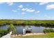 Stunning water view showcases the dock, boat lift, and lush greenery, creating a picturesque waterfront oasis at 8932 Rocky Creek Dr, Tampa, FL 33615