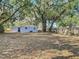 A large tree-lined backyard with mature trees, a new fence, and blue back door at 3020 E Louisiana Ave, Tampa, FL 33610