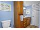 Bathroom features a storage cabinet and vanity with drawers, and a blue wall at 403 Saint Petersburg W Dr, Oldsmar, FL 34677